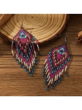 Colorful Beads Tassel Dangle Pink and Blue Earrings Retro Bohemian Style